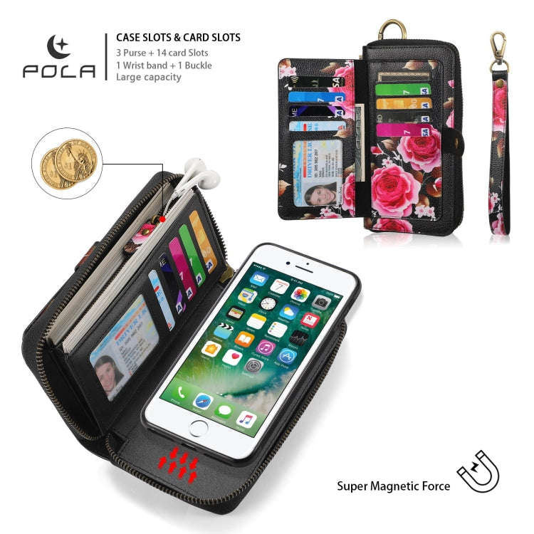 For iPhone 7 / 8 / SE 2022 POLA Flower Multi-functional Zipper Wallet Leather Phone Case(Black) - iPhone SE 2022 / 2020 / 8 / 7 Cases by buy2fix | Online Shopping UK | buy2fix