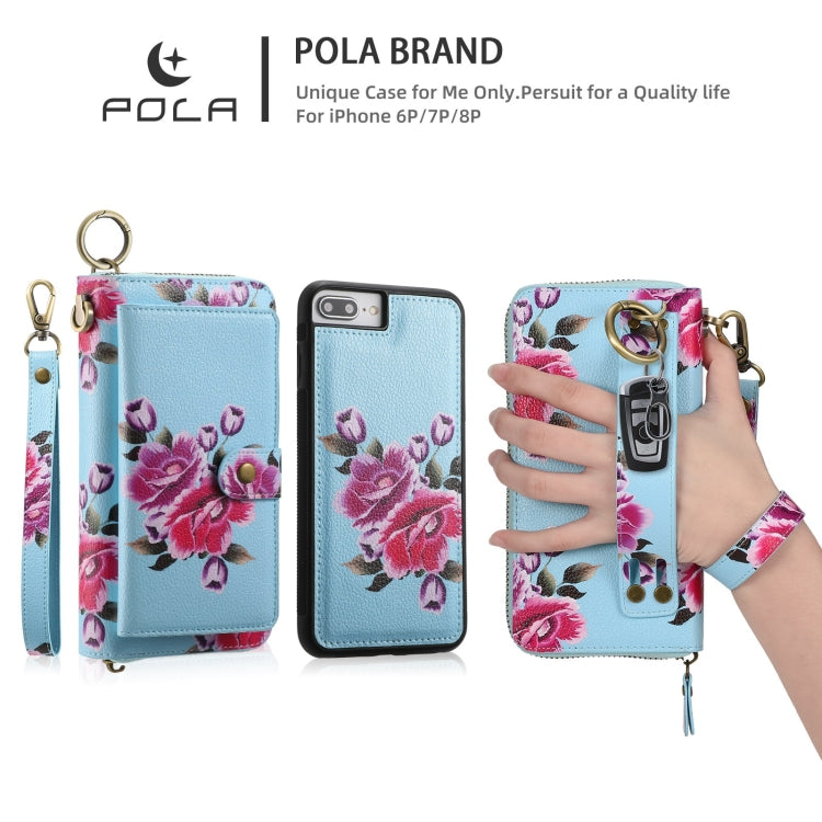 For iPhone 7 / 8 / SE 2022 POLA Flower Multi-functional Zipper Wallet Leather Phone Case(Sky Blue) - iPhone SE 2022 / 2020 / 8 / 7 Cases by buy2fix | Online Shopping UK | buy2fix