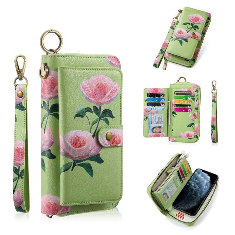 For iPhone 11 POLA Flower Multi-functional Zipper Wallet Leather Phone Case(Green) - iPhone 11 Cases by buy2fix | Online Shopping UK | buy2fix