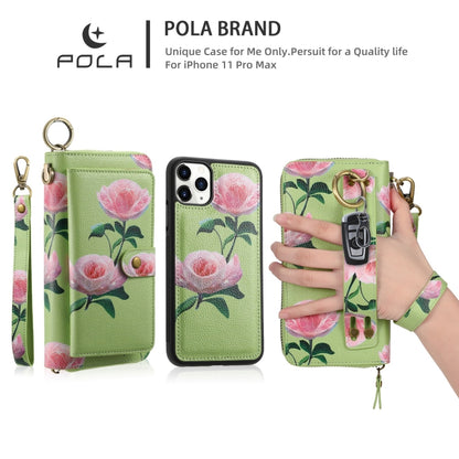 For iPhone 11 POLA Flower Multi-functional Zipper Wallet Leather Phone Case(Green) - iPhone 11 Cases by buy2fix | Online Shopping UK | buy2fix