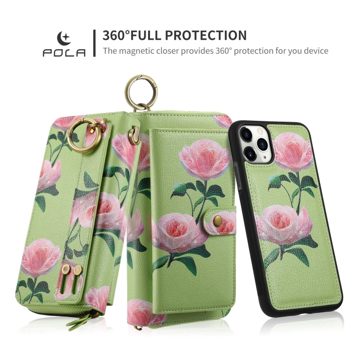 For iPhone 11 POLA Flower Multi-functional Zipper Wallet Leather Phone Case(Green) - iPhone 11 Cases by buy2fix | Online Shopping UK | buy2fix