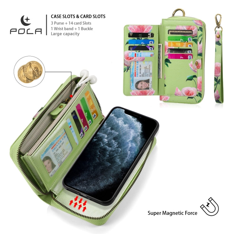 For iPhone 11 POLA Flower Multi-functional Zipper Wallet Leather Phone Case(Green) - iPhone 11 Cases by buy2fix | Online Shopping UK | buy2fix