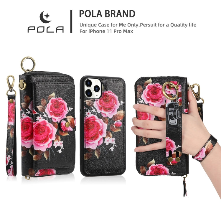 For iPhone 11 Pro POLA Flower Multi-functional Zipper Wallet Leather Phone Case(Black) - iPhone 11 Pro Cases by buy2fix | Online Shopping UK | buy2fix