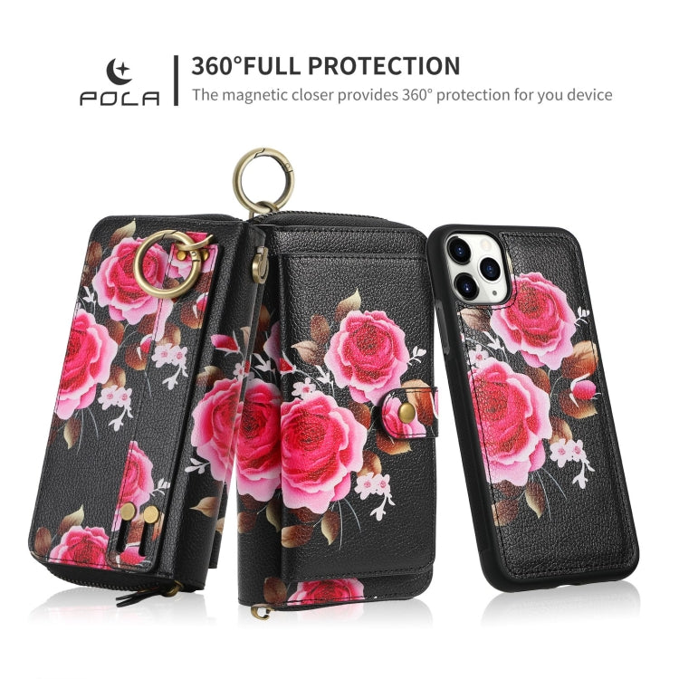 For iPhone 11 Pro POLA Flower Multi-functional Zipper Wallet Leather Phone Case(Black) - iPhone 11 Pro Cases by buy2fix | Online Shopping UK | buy2fix