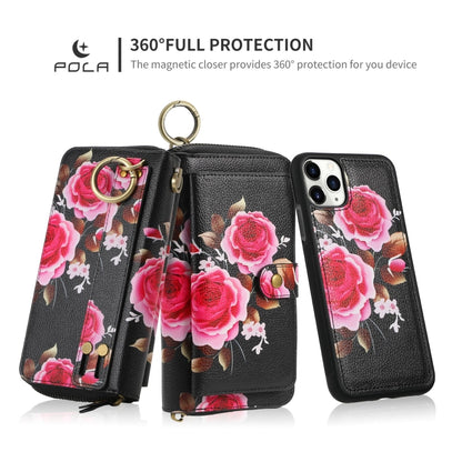 For iPhone 11 Pro POLA Flower Multi-functional Zipper Wallet Leather Phone Case(Black) - iPhone 11 Pro Cases by buy2fix | Online Shopping UK | buy2fix