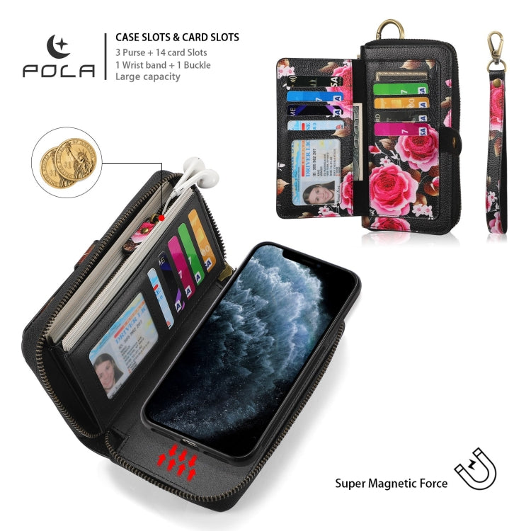 For iPhone 11 Pro POLA Flower Multi-functional Zipper Wallet Leather Phone Case(Black) - iPhone 11 Pro Cases by buy2fix | Online Shopping UK | buy2fix