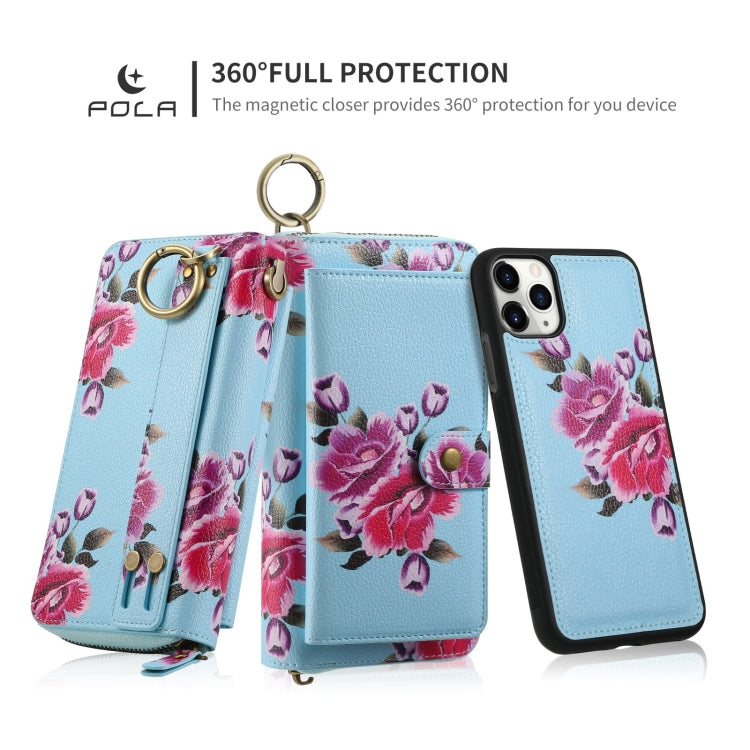 For iPhone 11 Pro POLA Flower Multi-functional Zipper Wallet Leather Phone Case(Sky Blue) - iPhone 11 Pro Cases by buy2fix | Online Shopping UK | buy2fix