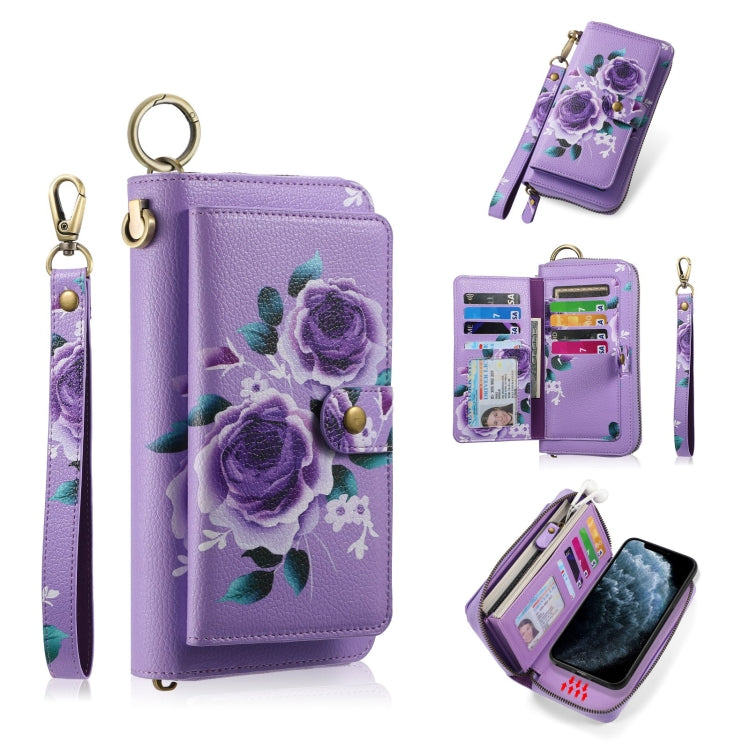For iPhone 11 Pro POLA Flower Multi-functional Zipper Wallet Leather Phone Case(Purple) - iPhone 11 Pro Cases by buy2fix | Online Shopping UK | buy2fix