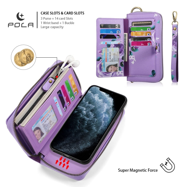 For iPhone 11 Pro POLA Flower Multi-functional Zipper Wallet Leather Phone Case(Purple) - iPhone 11 Pro Cases by buy2fix | Online Shopping UK | buy2fix