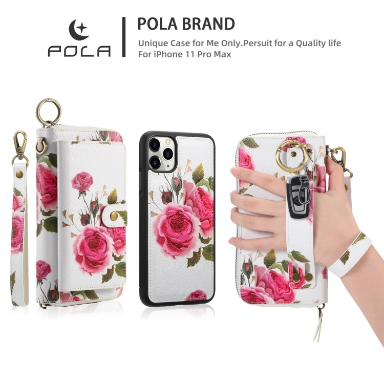 For iPhone 11 Pro POLA Flower Multi-functional Zipper Wallet Leather Phone Case(Beige) - iPhone 11 Pro Cases by buy2fix | Online Shopping UK | buy2fix