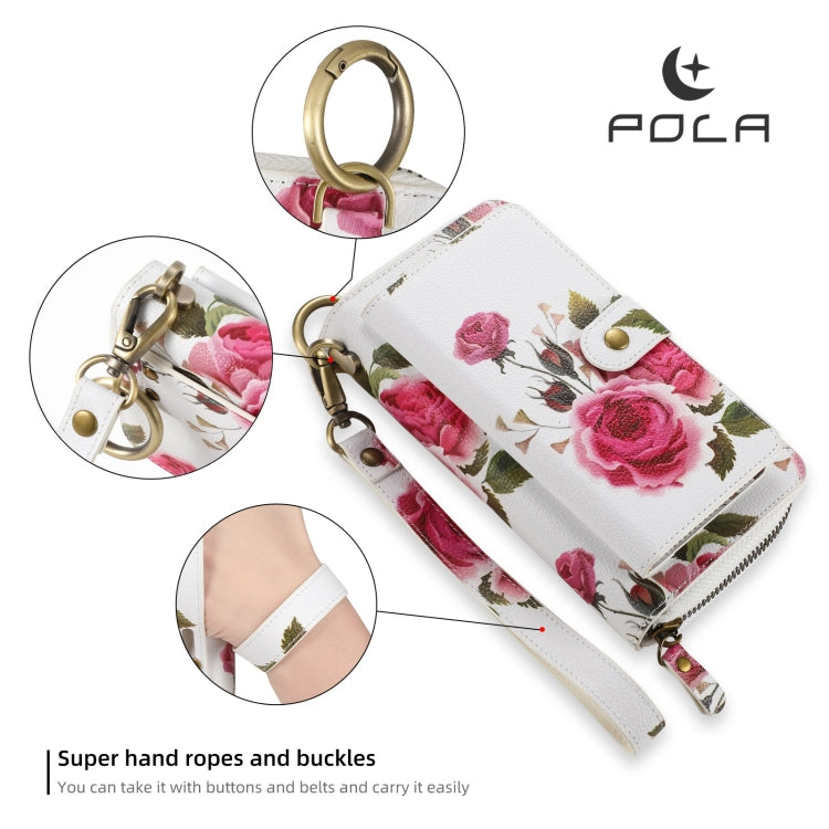 For iPhone 11 Pro POLA Flower Multi-functional Zipper Wallet Leather Phone Case(Beige) - iPhone 11 Pro Cases by buy2fix | Online Shopping UK | buy2fix