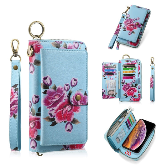 For iPhone X / XS POLA Flower Multi-functional Zipper Wallet Leather Phone Case(Sky Blue) - More iPhone Cases by buy2fix | Online Shopping UK | buy2fix