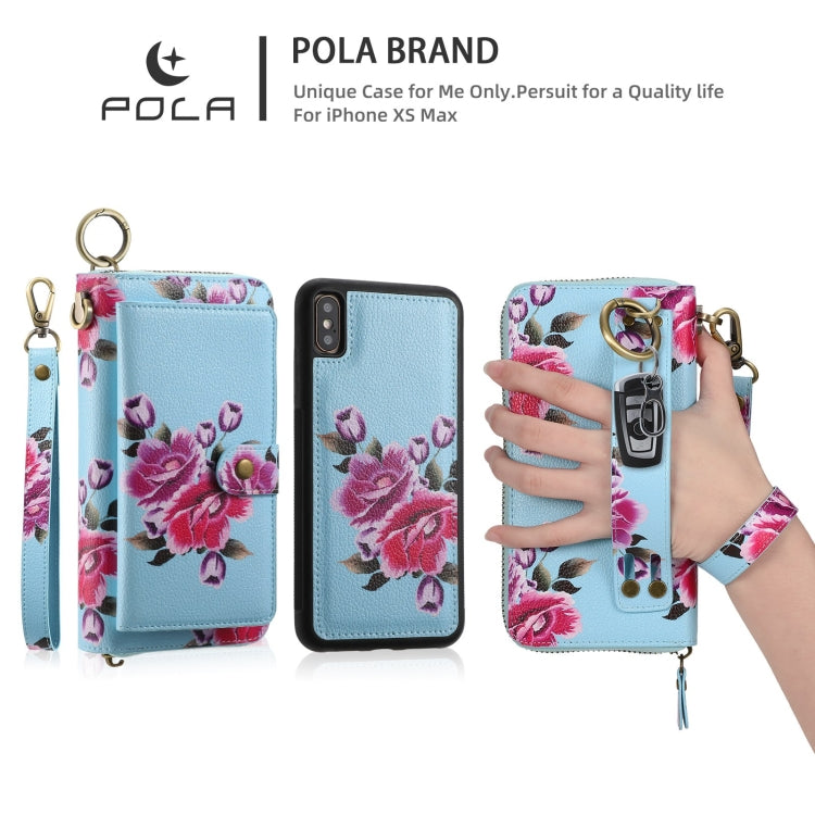 For iPhone X / XS POLA Flower Multi-functional Zipper Wallet Leather Phone Case(Sky Blue) - More iPhone Cases by buy2fix | Online Shopping UK | buy2fix