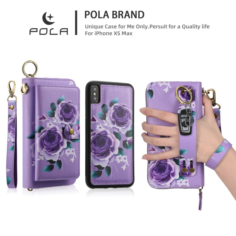 For iPhone X / XS POLA Flower Multi-functional Zipper Wallet Leather Phone Case(Purple) - More iPhone Cases by buy2fix | Online Shopping UK | buy2fix