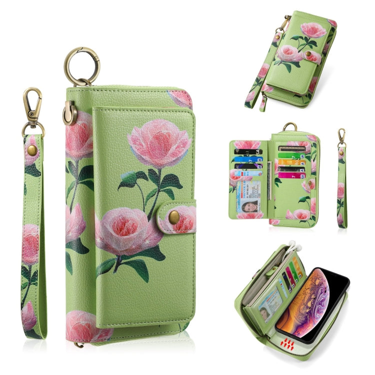 For iPhone XR POLA Flower Multi-functional Zipper Wallet Leather Phone Case(Green) - More iPhone Cases by buy2fix | Online Shopping UK | buy2fix