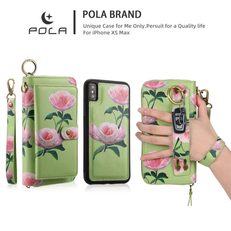 For iPhone XR POLA Flower Multi-functional Zipper Wallet Leather Phone Case(Green) - More iPhone Cases by buy2fix | Online Shopping UK | buy2fix