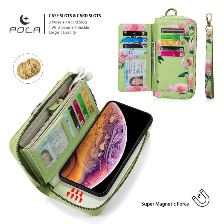 For iPhone XR POLA Flower Multi-functional Zipper Wallet Leather Phone Case(Green) - More iPhone Cases by buy2fix | Online Shopping UK | buy2fix