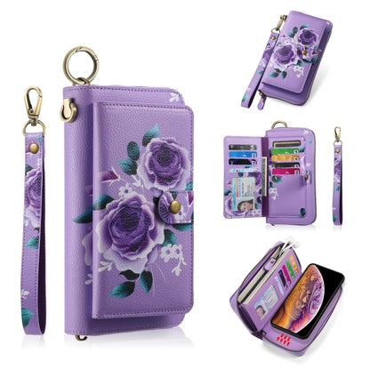 For iPhone XR POLA Flower Multi-functional Zipper Wallet Leather Phone Case(Purple) - More iPhone Cases by buy2fix | Online Shopping UK | buy2fix