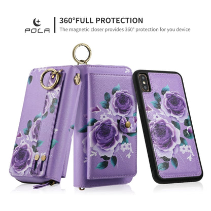 For iPhone XR POLA Flower Multi-functional Zipper Wallet Leather Phone Case(Purple) - More iPhone Cases by buy2fix | Online Shopping UK | buy2fix