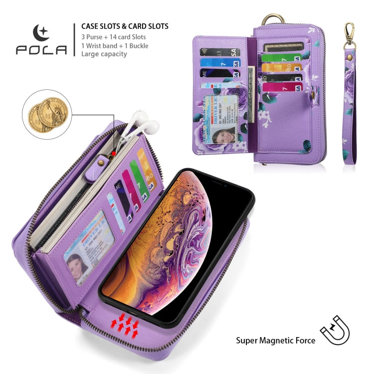 For iPhone XR POLA Flower Multi-functional Zipper Wallet Leather Phone Case(Purple) - More iPhone Cases by buy2fix | Online Shopping UK | buy2fix