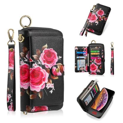 For iPhone XS Max POLA Flower Multi-functional Zipper Wallet Leather Phone Case(Black) - More iPhone Cases by buy2fix | Online Shopping UK | buy2fix