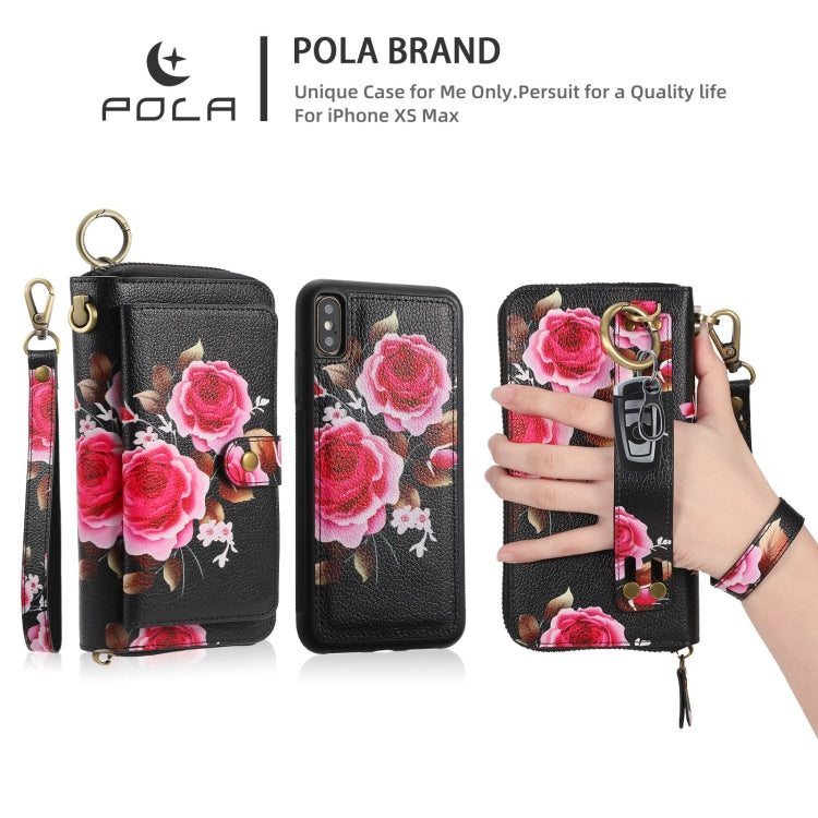 For iPhone XS Max POLA Flower Multi-functional Zipper Wallet Leather Phone Case(Black) - More iPhone Cases by buy2fix | Online Shopping UK | buy2fix
