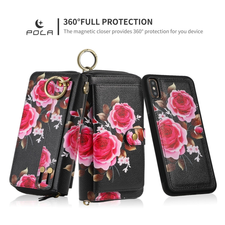 For iPhone XS Max POLA Flower Multi-functional Zipper Wallet Leather Phone Case(Black) - More iPhone Cases by buy2fix | Online Shopping UK | buy2fix