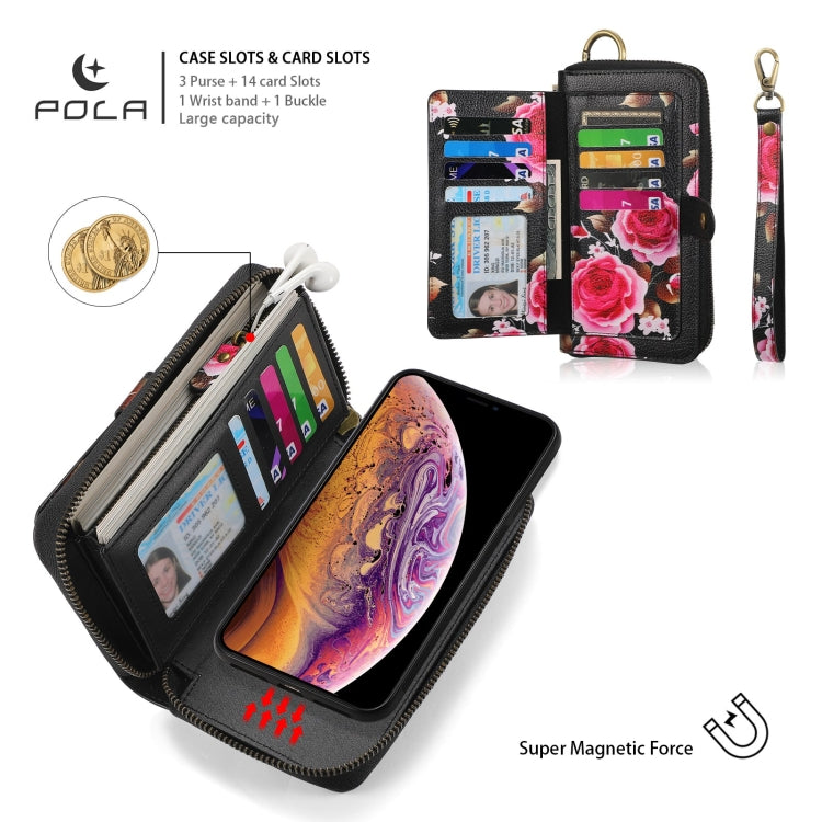 For iPhone XS Max POLA Flower Multi-functional Zipper Wallet Leather Phone Case(Black) - More iPhone Cases by buy2fix | Online Shopping UK | buy2fix
