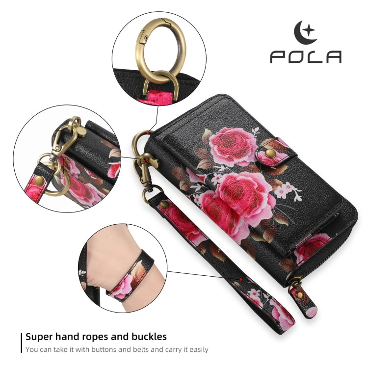 For iPhone XS Max POLA Flower Multi-functional Zipper Wallet Leather Phone Case(Black) - More iPhone Cases by buy2fix | Online Shopping UK | buy2fix