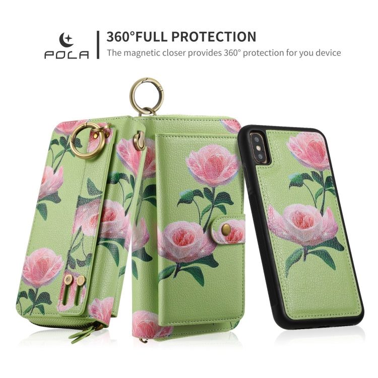 For iPhone XS Max POLA Flower Multi-functional Zipper Wallet Leather Phone Case(Green) - More iPhone Cases by buy2fix | Online Shopping UK | buy2fix