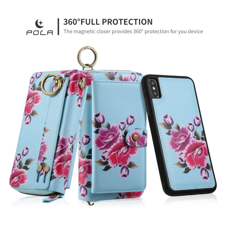 For iPhone XS Max POLA Flower Multi-functional Zipper Wallet Leather Phone Case(Sky Blue) - More iPhone Cases by buy2fix | Online Shopping UK | buy2fix