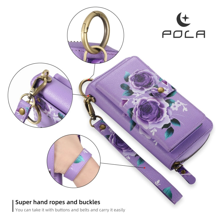 For iPhone XS Max POLA Flower Multi-functional Zipper Wallet Leather Phone Case(Purple) - More iPhone Cases by buy2fix | Online Shopping UK | buy2fix