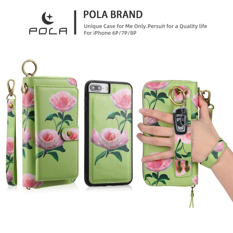 For iPhone 7 Plus / 8 Plus POLA Flower Multi-functional Zipper Wallet Leather Phone Case(Green) - More iPhone Cases by buy2fix | Online Shopping UK | buy2fix