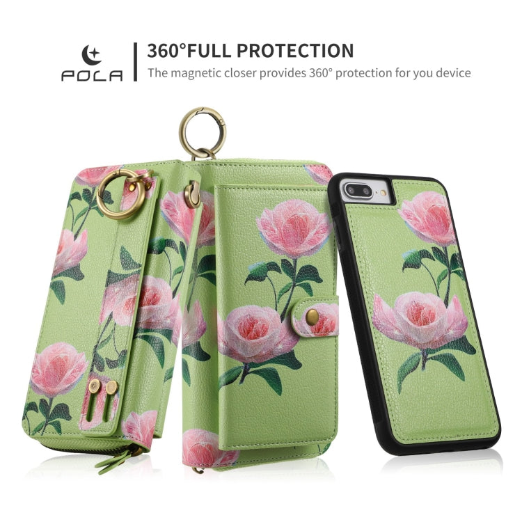 For iPhone 7 Plus / 8 Plus POLA Flower Multi-functional Zipper Wallet Leather Phone Case(Green) - More iPhone Cases by buy2fix | Online Shopping UK | buy2fix