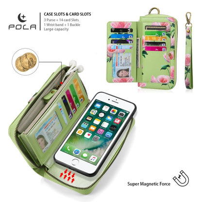 For iPhone 7 Plus / 8 Plus POLA Flower Multi-functional Zipper Wallet Leather Phone Case(Green) - More iPhone Cases by buy2fix | Online Shopping UK | buy2fix