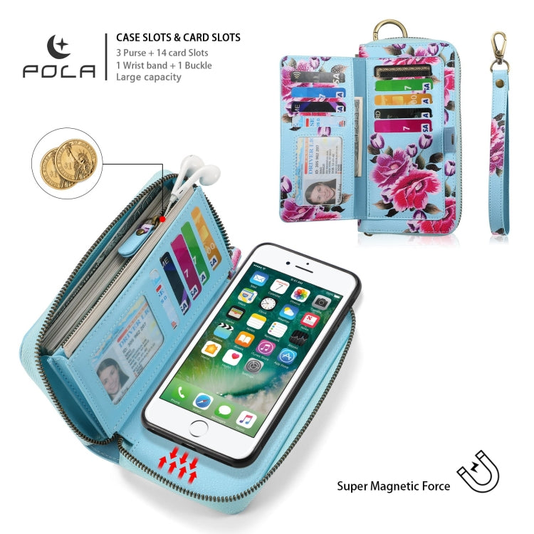 For iPhone 7 Plus / 8 Plus POLA Flower Multi-functional Zipper Wallet Leather Phone Case(Sky Blue) - More iPhone Cases by buy2fix | Online Shopping UK | buy2fix