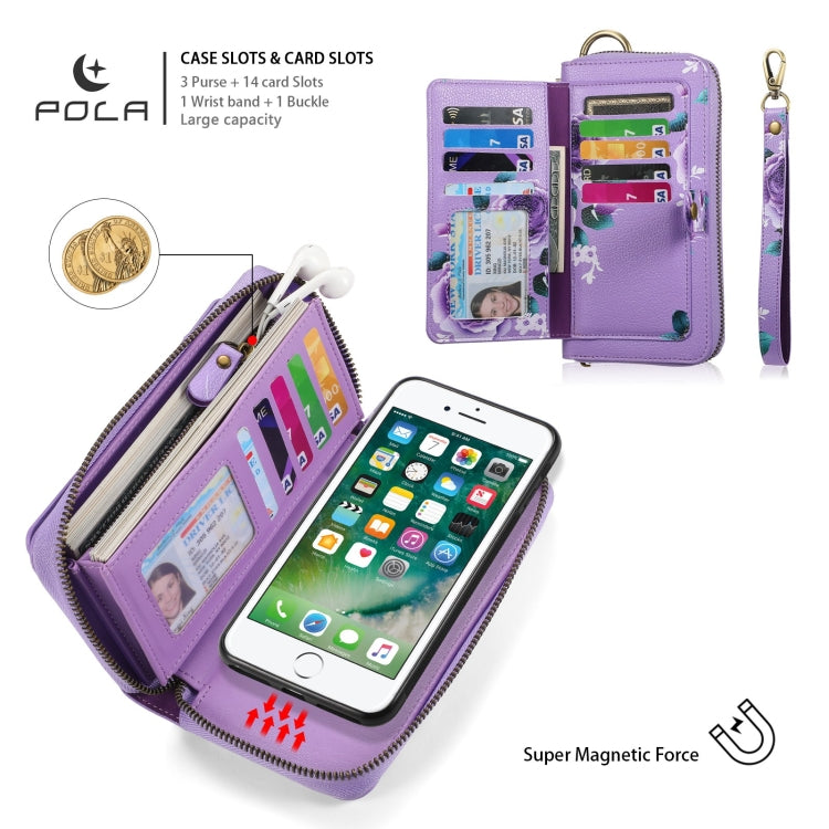 For iPhone 7 Plus / 8 Plus POLA Flower Multi-functional Zipper Wallet Leather Phone Case(Purple) - More iPhone Cases by buy2fix | Online Shopping UK | buy2fix