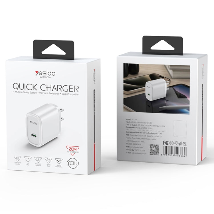 Yesido YC11U 20W PD USB-C / Type-C Fast Charging Charger, Specification:US Plug(White) - USB Charger by Yesido | Online Shopping UK | buy2fix