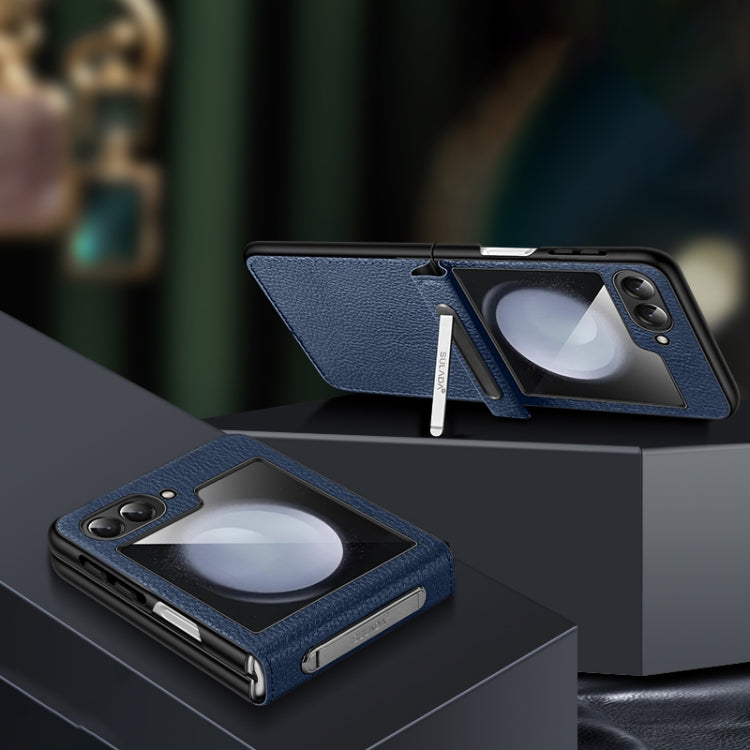 For Samsung Galaxy Z Flip5 SULADA Lychee Texture Invisible Holder Leather Back Cover Phone Case(Blue) - Galaxy Z Flip5 Cases by SULADA | Online Shopping UK | buy2fix