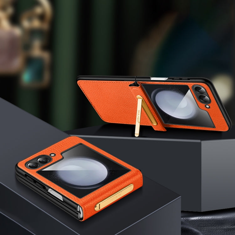 For Samsung Galaxy Z Flip5 SULADA Lychee Texture Invisible Holder Leather Back Cover Phone Case(Orange) - Galaxy Z Flip5 Cases by SULADA | Online Shopping UK | buy2fix