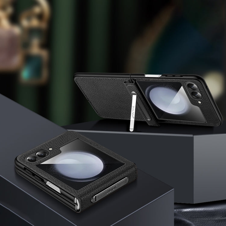 For Samsung Galaxy Z Flip5 SULADA Lychee Texture Invisible Holder Leather Back Cover Phone Case(Black) - Galaxy Z Flip5 Cases by SULADA | Online Shopping UK | buy2fix