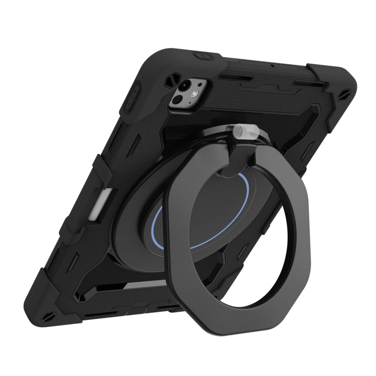 For iPad Pro 11 2024 Armor Portable Rotating Ring Holder Silicone Tablet Case with Pen Slot(Black) - iPad Pro 11 2024 Cases by buy2fix | Online Shopping UK | buy2fix