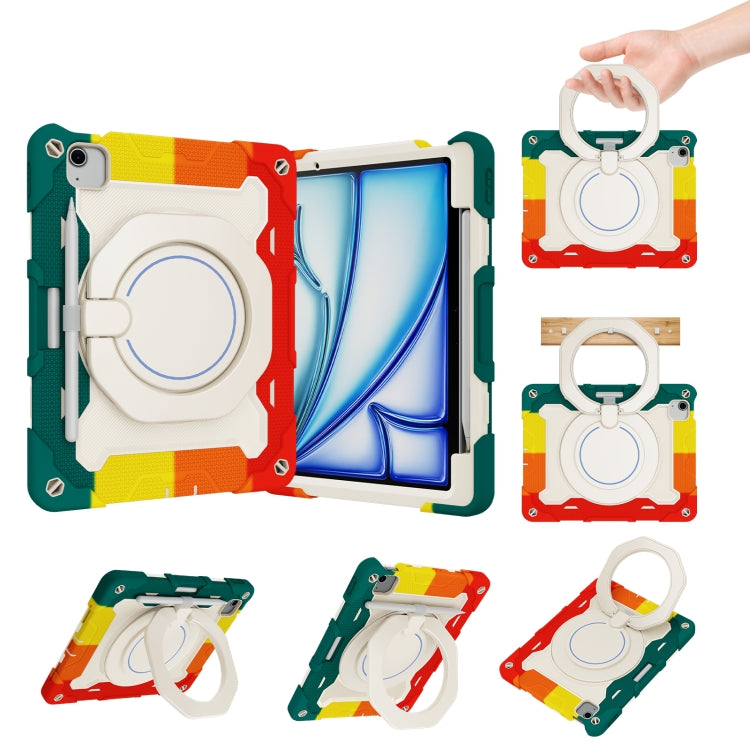 For iPad Air 11 2024 / 2025 Armor Portable Rotating Ring Holder Silicone Tablet Case with Pen Slot(Colorful Red) by buy2fix