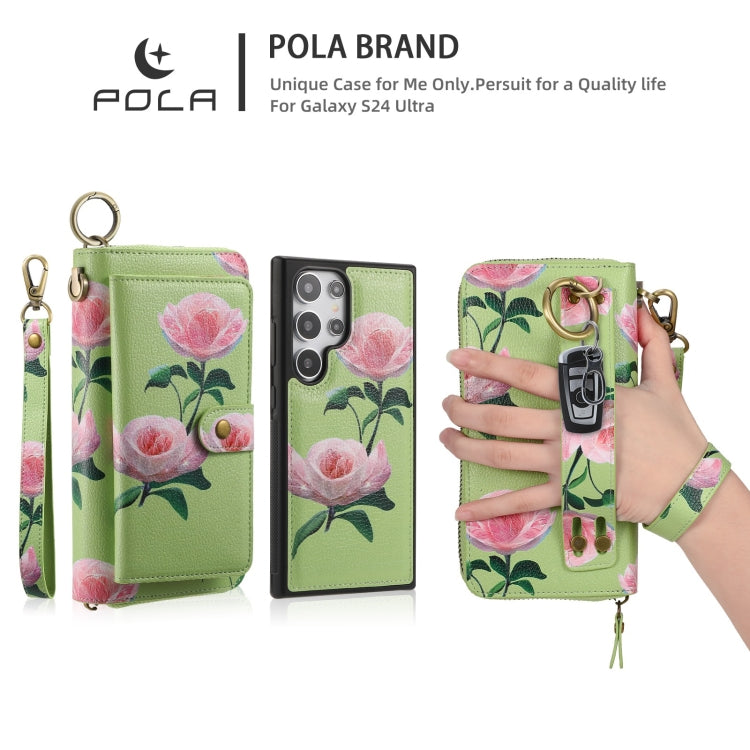 For Samsung Galaxy S24 5G POLA Flower Multi-functional Zipper Wallet Leather Phone Case(Green) - Galaxy S24 5G Cases by buy2fix | Online Shopping UK | buy2fix