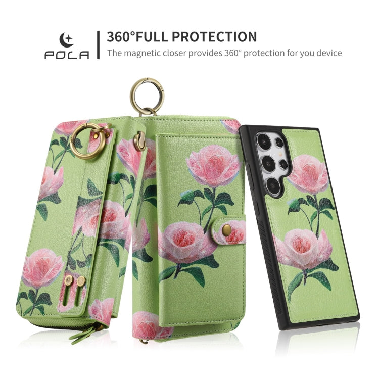For Samsung Galaxy S24 5G POLA Flower Multi-functional Zipper Wallet Leather Phone Case(Green) - Galaxy S24 5G Cases by buy2fix | Online Shopping UK | buy2fix