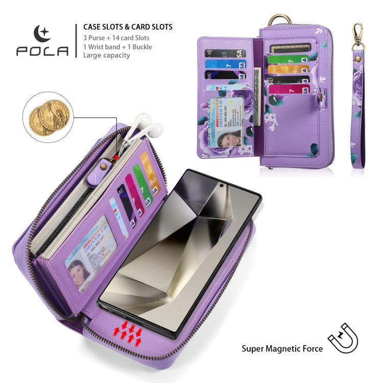 For Samsung Galaxy S24 5G POLA Flower Multi-functional Zipper Wallet Leather Phone Case(Purple) - Galaxy S24 5G Cases by buy2fix | Online Shopping UK | buy2fix