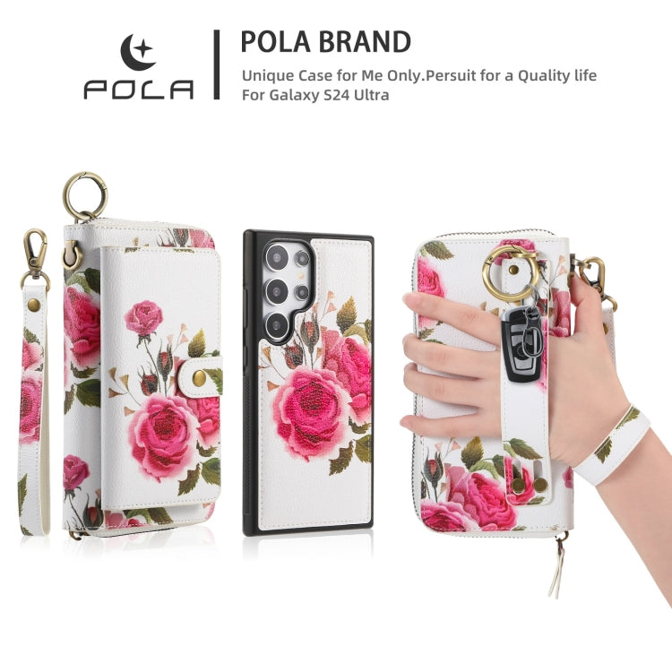 For Samsung Galaxy S24 5G POLA Flower Multi-functional Zipper Wallet Leather Phone Case(Beige) - Galaxy S24 5G Cases by buy2fix | Online Shopping UK | buy2fix