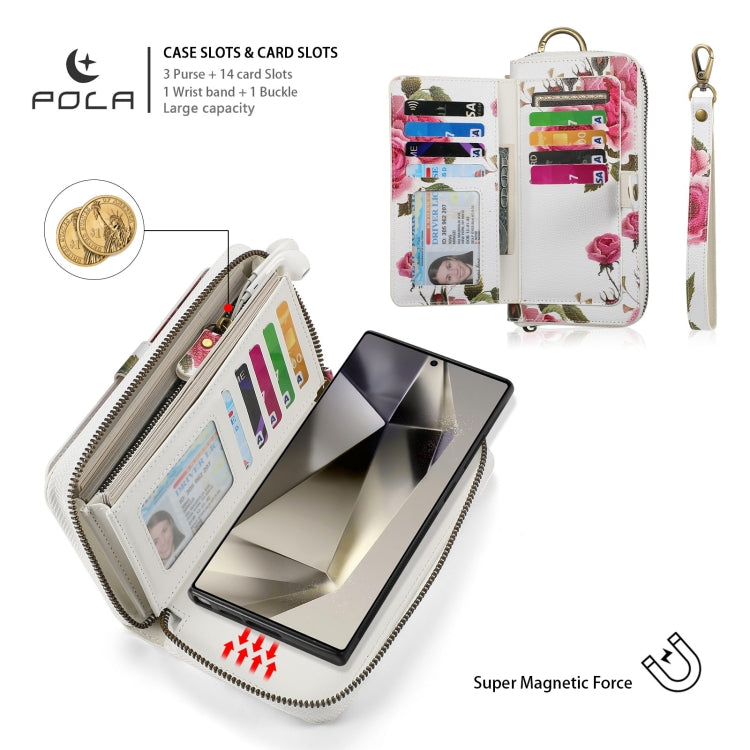 For Samsung Galaxy S24 5G POLA Flower Multi-functional Zipper Wallet Leather Phone Case(Beige) - Galaxy S24 5G Cases by buy2fix | Online Shopping UK | buy2fix