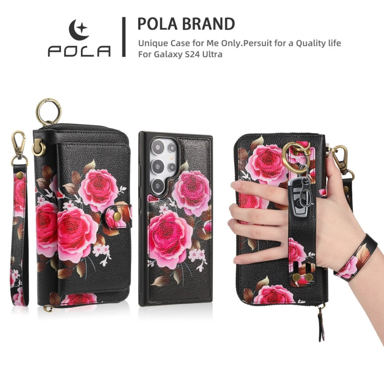 For Samsung Galaxy S24+ 5G POLA Flower Multi-functional Zipper Wallet Leather Phone Case(Black) - Galaxy S24+ 5G Cases by buy2fix | Online Shopping UK | buy2fix
