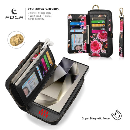 For Samsung Galaxy S24+ 5G POLA Flower Multi-functional Zipper Wallet Leather Phone Case(Black) - Galaxy S24+ 5G Cases by buy2fix | Online Shopping UK | buy2fix